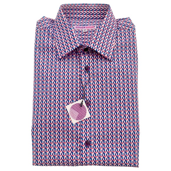 NWT COTON DOUX Paris Geo Print Button Front Shirt Cotton Poplin Pink Navy Blue - Picture 4 of 15